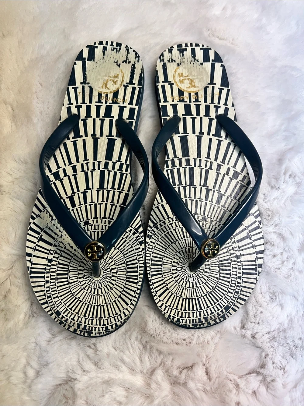 Tory Burch Navy and White Printed Logo Flip Flop Sandals